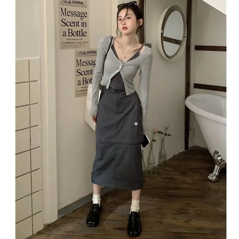 IMIEMIE Xgoth Chic Three-piece Suit Korean Retro Skirt Contrast Button Slim Fit Sunscreen Cardigan Bottom Vest Hot Girls Female Outfits