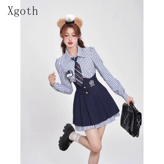 IMIEMIE Xgoth Chic Women's Skirt Set Striped Long Sleeve Lapel Casual Shirts Tops A-line Mini Skirts Hot Girls Preppy Female Outfits