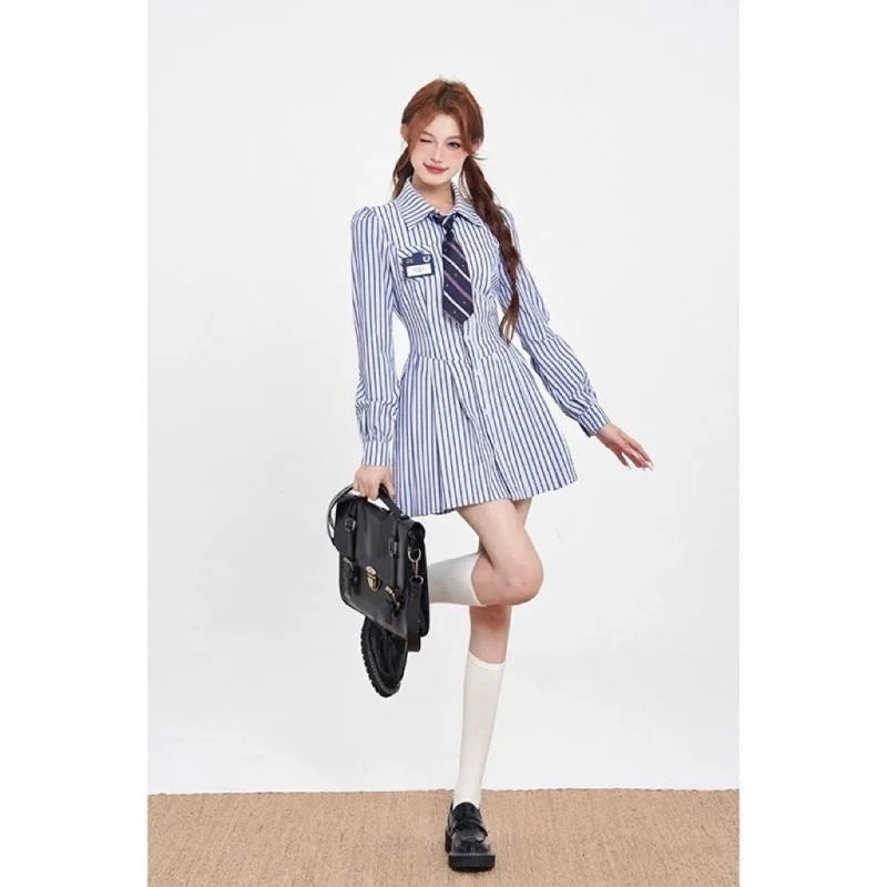 IMIEMIE Xgoth Chic Women's Skirt Set Striped Long Sleeve Lapel Casual Shirts Tops A-line Mini Skirts Hot Girls Preppy Female Outfits