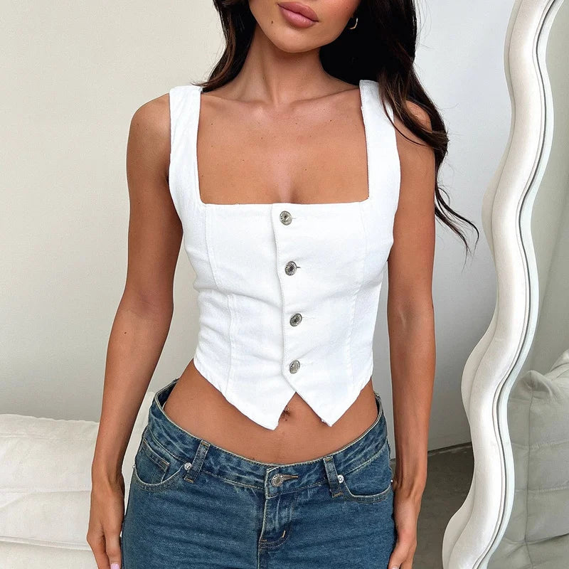 IMIEMIE Xingqing Denim Tank Top y2k Clothes Women Solid Color Slim Fit Square Sleeveless Neck Backless Button Down Vest Party Clubwear