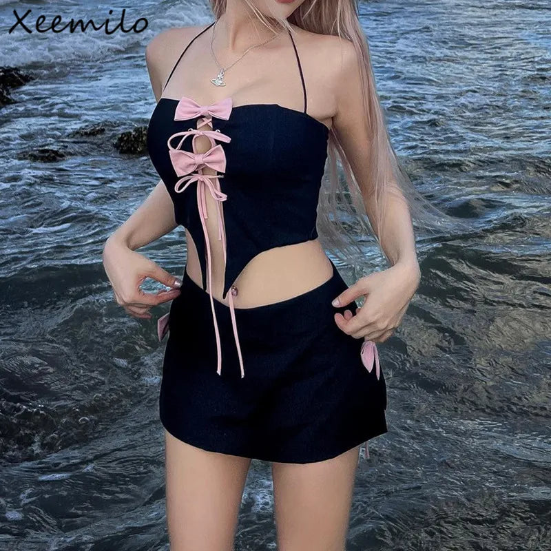 IMIEMIE Y2K Bow Tie Up Halter Tank Top With Side Split High-waist Party Skirt Summer Beachwear Holiday Elegant Women 2 Piece Set