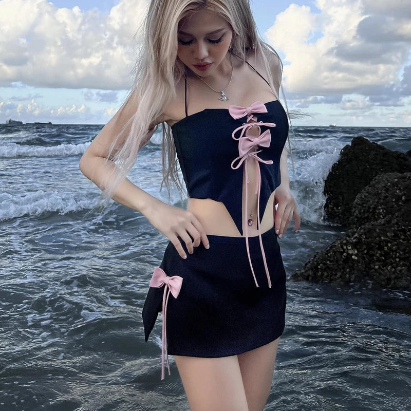 IMIEMIE Y2K Bow Tie Up Halter Tank Top With Side Split High-waist Party Skirt Summer Beachwear Holiday Elegant Women 2 Piece Set