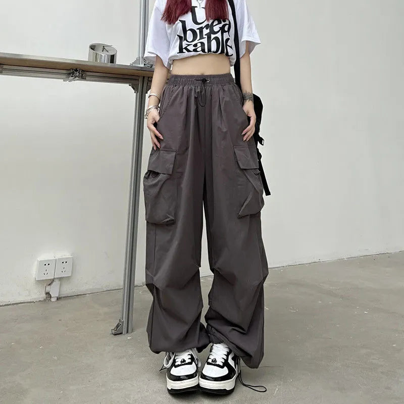 IMIEMIE Y2K Cargo Pants Straight Wide Leg Drawstring Trousers Women Oversize Jogger Kpop High Waisted Breathable Solid Color Sweatpants