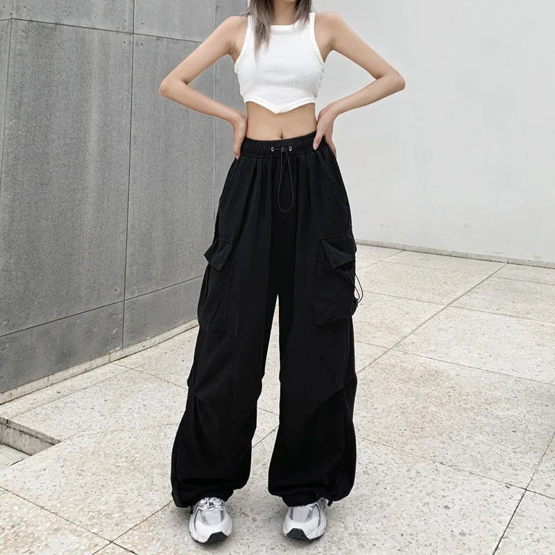 IMIEMIE Y2K Cargo Pants Straight Wide Leg Drawstring Trousers Women Oversize Jogger Kpop High Waisted Breathable Solid Color Sweatpants