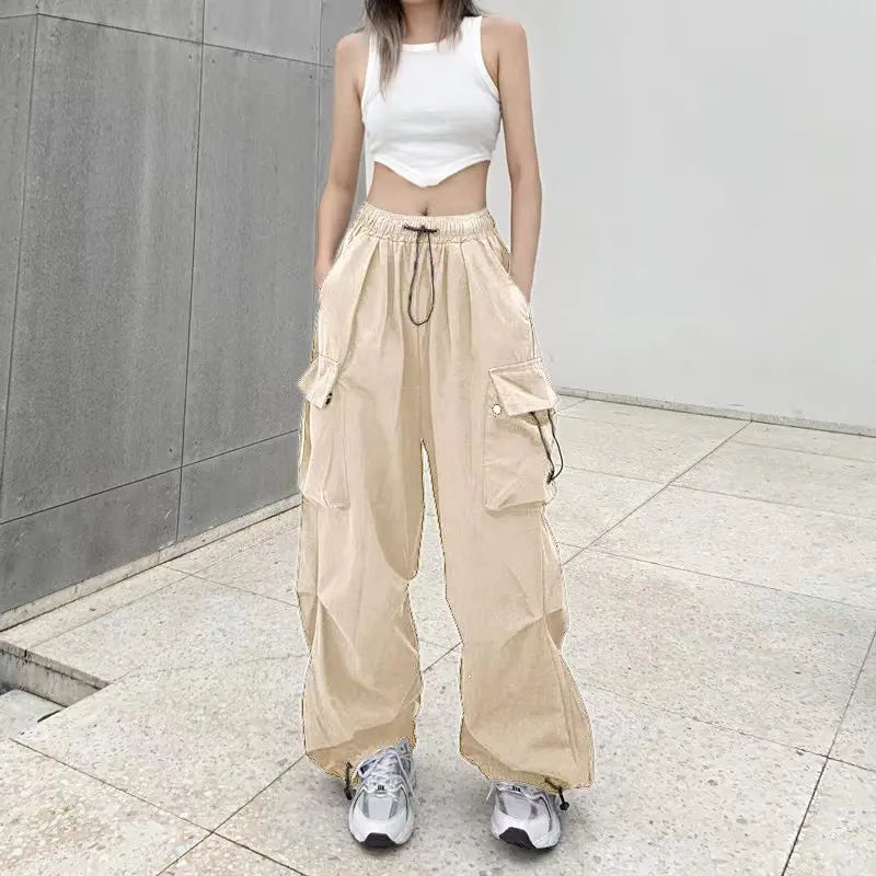 IMIEMIE Y2K Cargo Pants Straight Wide Leg Drawstring Trousers Women Oversize Jogger Kpop High Waisted Breathable Solid Color Sweatpants