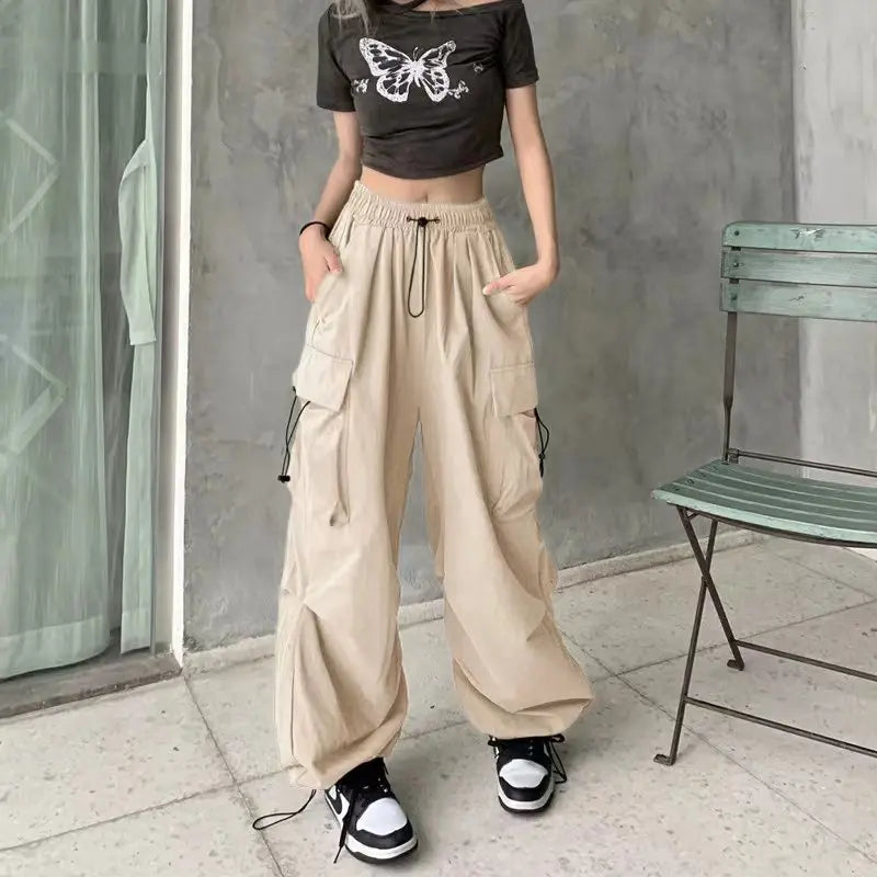 IMIEMIE Y2K Cargo Pants Straight Wide Leg Drawstring Trousers Women Oversize Jogger Kpop High Waisted Breathable Solid Color Sweatpants