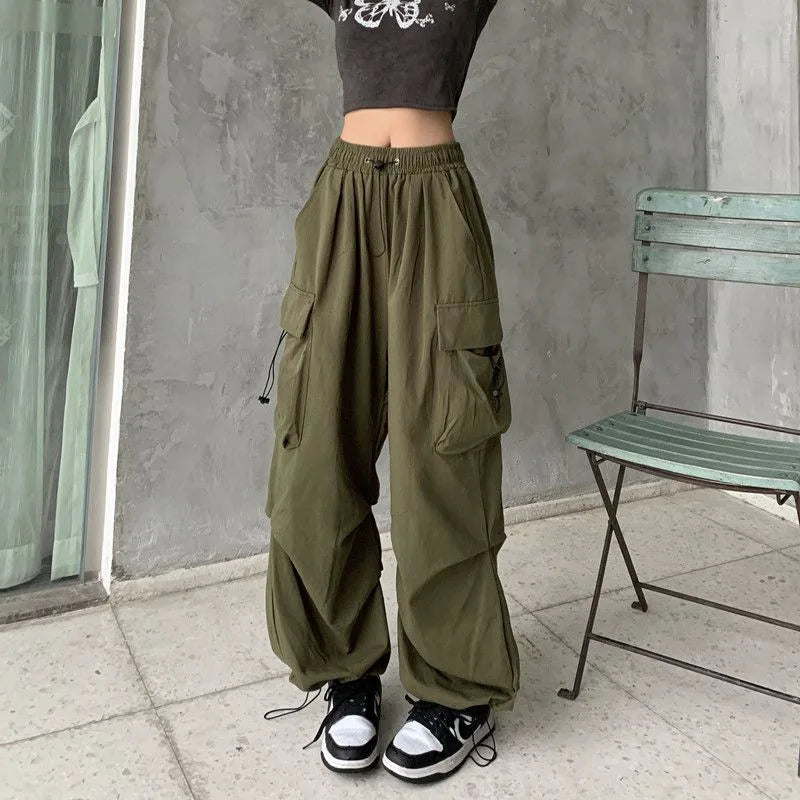 IMIEMIE Y2K Cargo Pants Straight Wide Leg Drawstring Trousers Women Oversize Jogger Kpop High Waisted Breathable Solid Color Sweatpants