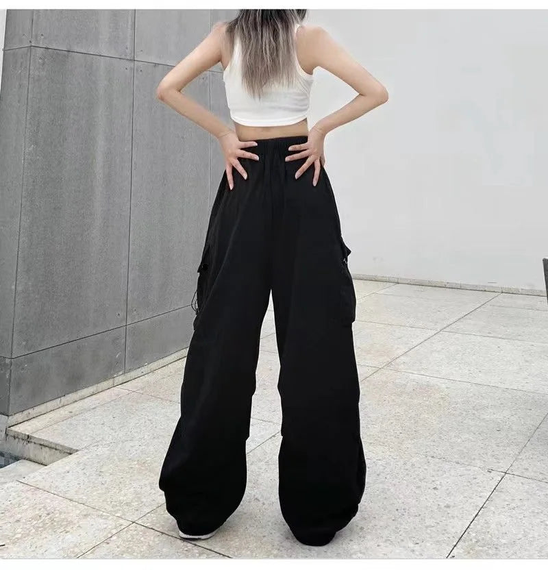 IMIEMIE Y2K Cargo Pants Straight Wide Leg Drawstring Trousers Women Oversize Jogger Kpop High Waisted Breathable Solid Color Sweatpants