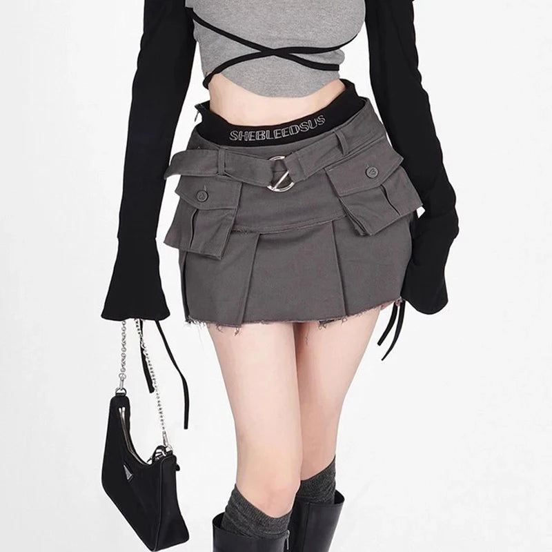 IMIEMIE Y2K Denim Cargo Skirts Tassel Women Streetwear Patchwork Pleated Mini Skirt Harajuku High Waist Multi Pocket Jeans A Line Skirts