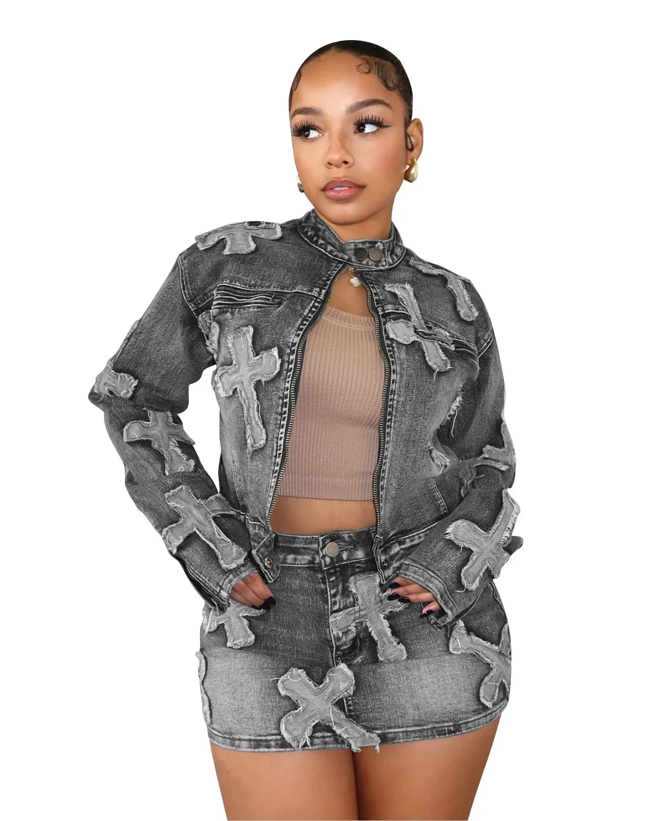 IMIEMIE Y2K Sexy Denim 2 Piece Skirt Set Women Outfits Embroidery Jacket Winter Spring Streetwear Fashion Slim Two Piece Matching Set