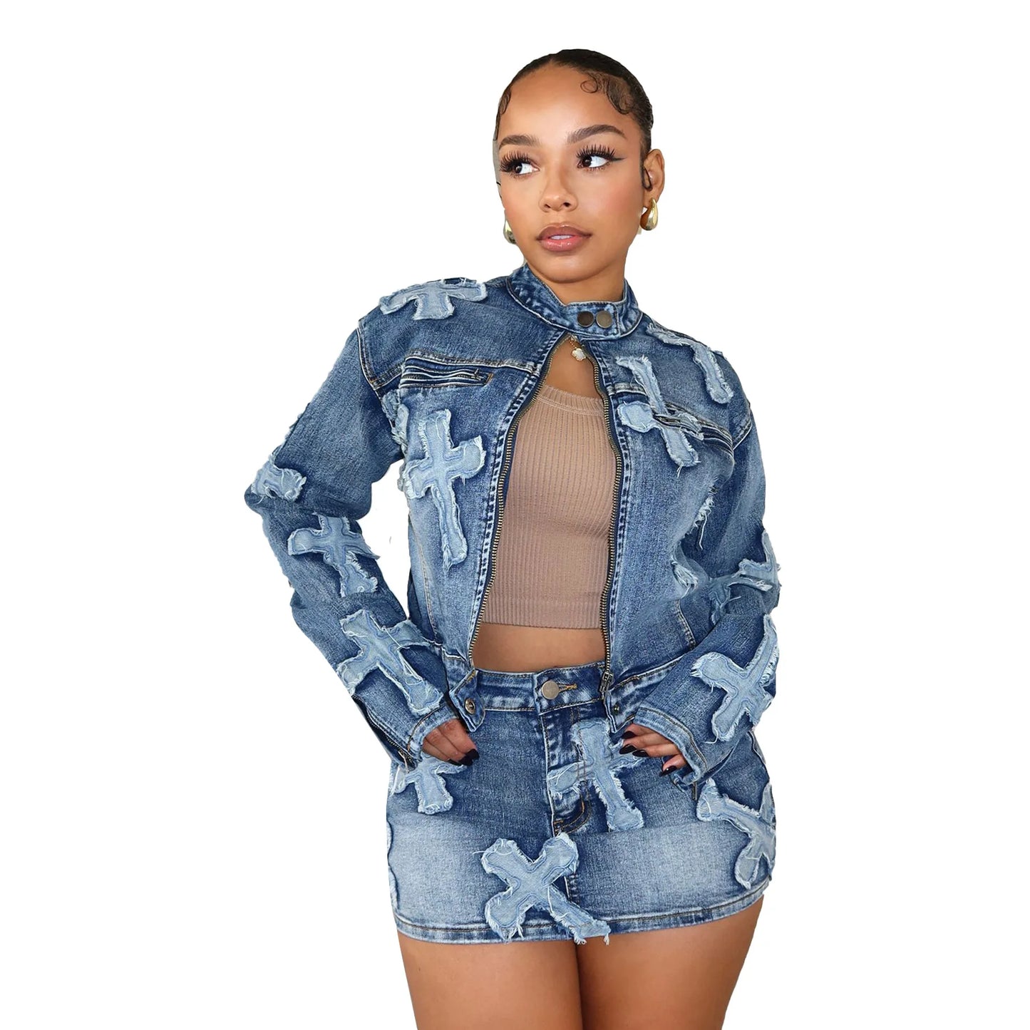 IMIEMIE Y2K Sexy Denim 2 Piece Skirt Set Women Outfits Embroidery Jacket Winter Spring Streetwear Fashion Slim Two Piece Matching Set