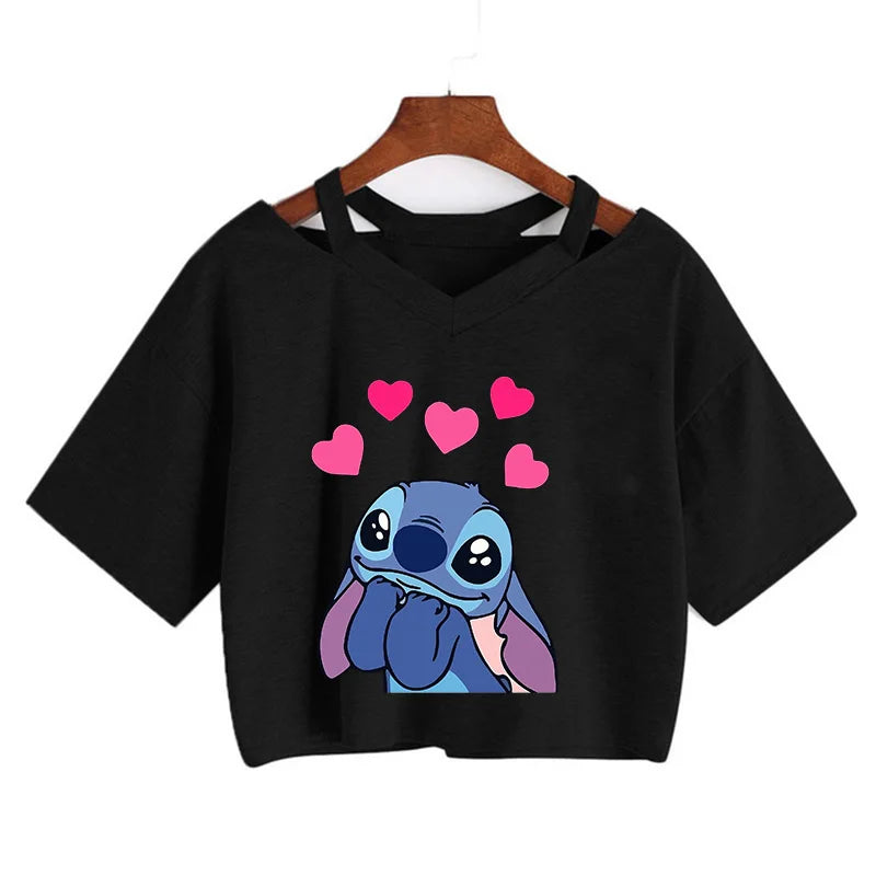 IMIEMIE Y2k Disney Kawaii Lilo Stitch Funny Cartoon T Shirt Women Stitch Manga T-shirt Graphic Tshirt Streetwear Crop Top Tees Female