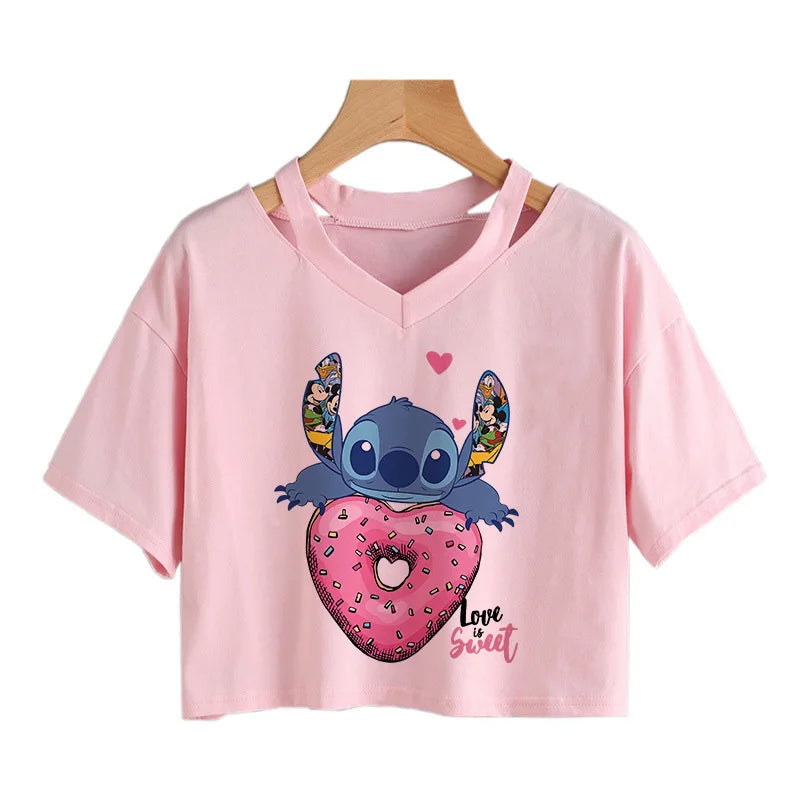 IMIEMIE Y2k Disney Kawaii Lilo Stitch Funny Cartoon T Shirt Women Stitch Manga T-shirt Graphic Tshirt Streetwear Crop Top Tees Female