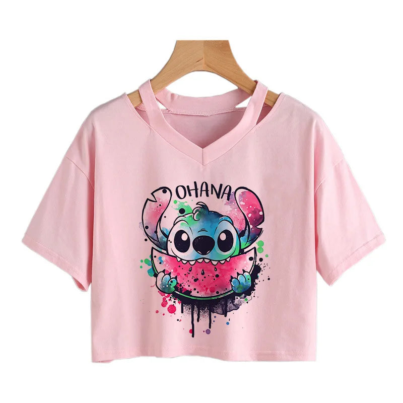 IMIEMIE Y2k Disney Kawaii Lilo Stitch Funny Cartoon T Shirt Women Stitch Manga T-shirt Graphic Tshirt Streetwear Crop Top Tees Female