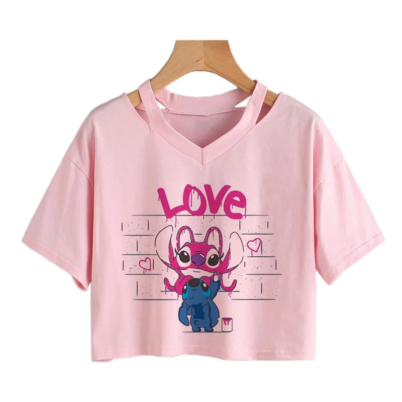 IMIEMIE Y2k Disney Kawaii Lilo Stitch Funny Cartoon T Shirt Women Stitch Manga T-shirt Graphic Tshirt Streetwear Crop Top Tees Female