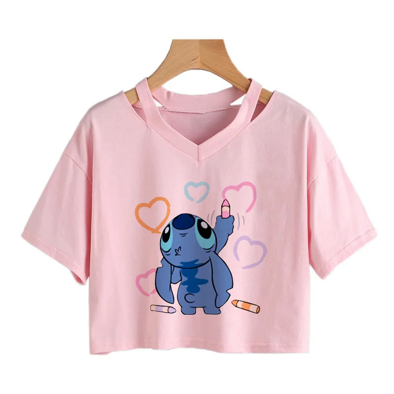 IMIEMIE Y2k Disney Kawaii Lilo Stitch Funny Cartoon T Shirt Women Stitch Manga T-shirt Graphic Tshirt Streetwear Crop Top Tees Female