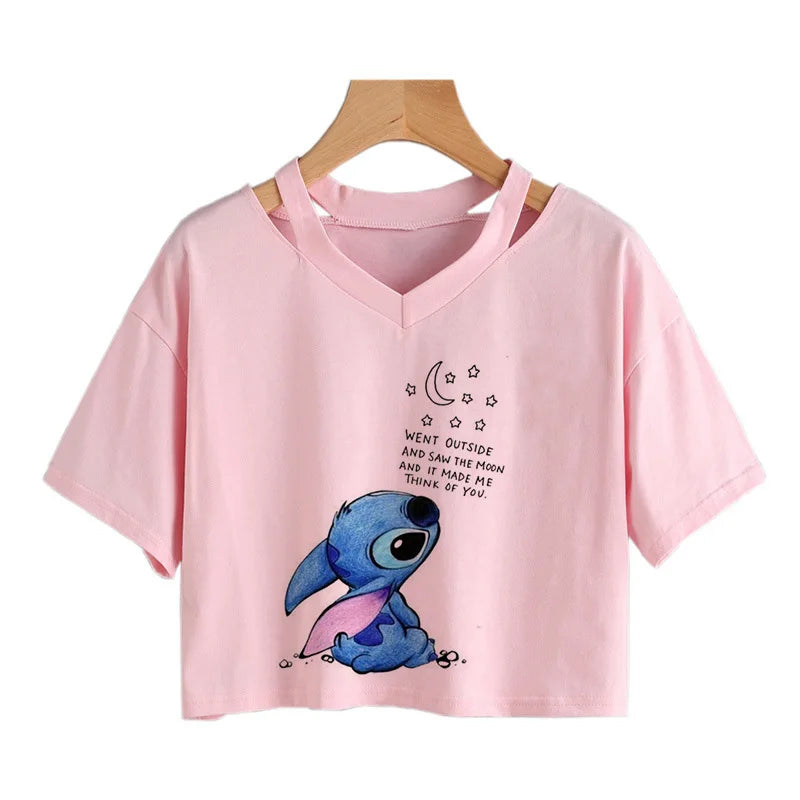 IMIEMIE Y2k Disney Kawaii Lilo Stitch Funny Cartoon T Shirt Women Stitch Manga T-shirt Graphic Tshirt Streetwear Crop Top Tees Female