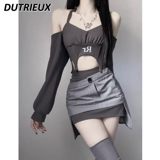 IMIEMIE Y2k Millennium Hot Girl Short Halter Off-the-Shoulder Top + Asymmetric Short Skirt Outfit Female Slimming Two-Piece Suit