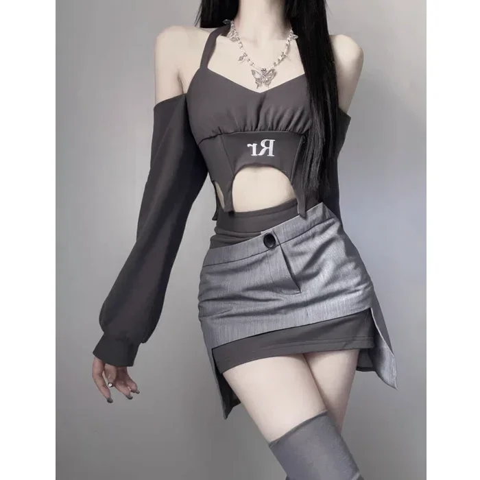 IMIEMIE Y2k Millennium Hot Girl Short Halter Off-the-Shoulder Top + Asymmetric Short Skirt Outfit Female Slimming Two-Piece Suit