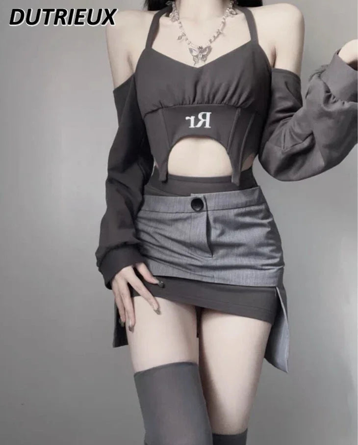 IMIEMIE Y2k Millennium Hot Girl Short Halter Off-the-Shoulder Top + Asymmetric Short Skirt Outfit Female Slimming Two-Piece Suit