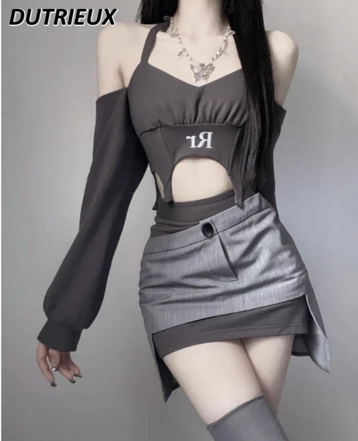 IMIEMIE Y2k Millennium Hot Girl Short Halter Off-the-Shoulder Top + Asymmetric Short Skirt Outfit Female Slimming Two-Piece Suit