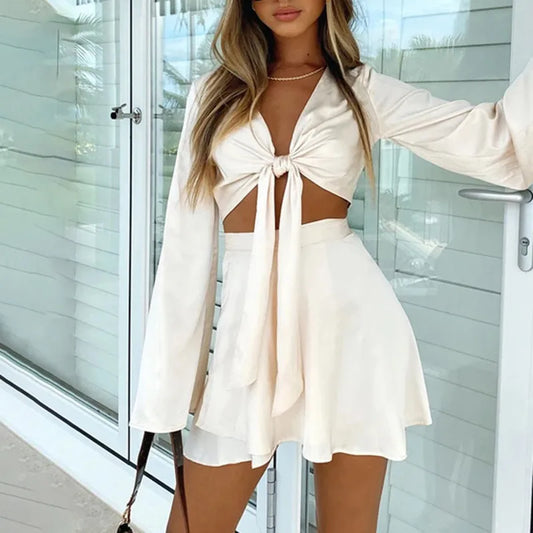 IMIEMIE Y2k Satin Two Piece Set Women Autumn White Lantern Long Sleeve Crop Cardigan Tops Elegant  Suits Lace Up Wrap Sexy Mini Skirts