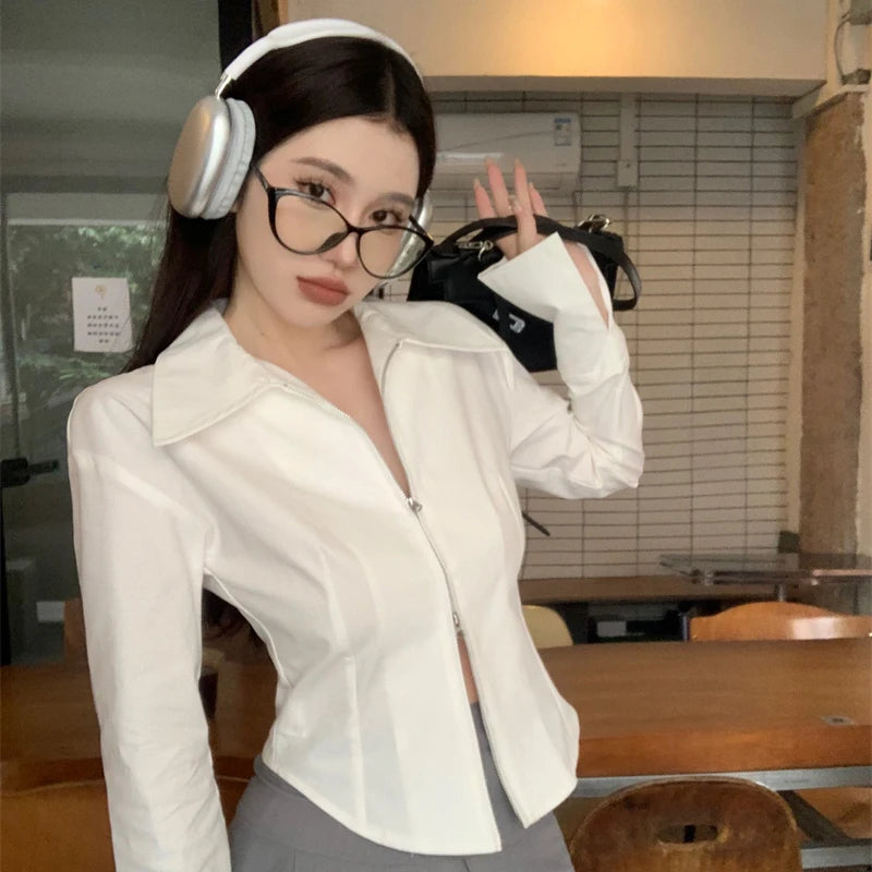 IMIEMIE Y2k Zippers Women Shirts Korean Sweet White Slim Long Sleeve Female Blouse Autumn New Chic Office All Match Ladies Crop Tops