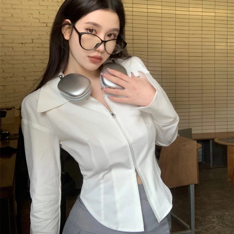 IMIEMIE Y2k Zippers Women Shirts Korean Sweet White Slim Long Sleeve Female Blouse Autumn New Chic Office All Match Ladies Crop Tops