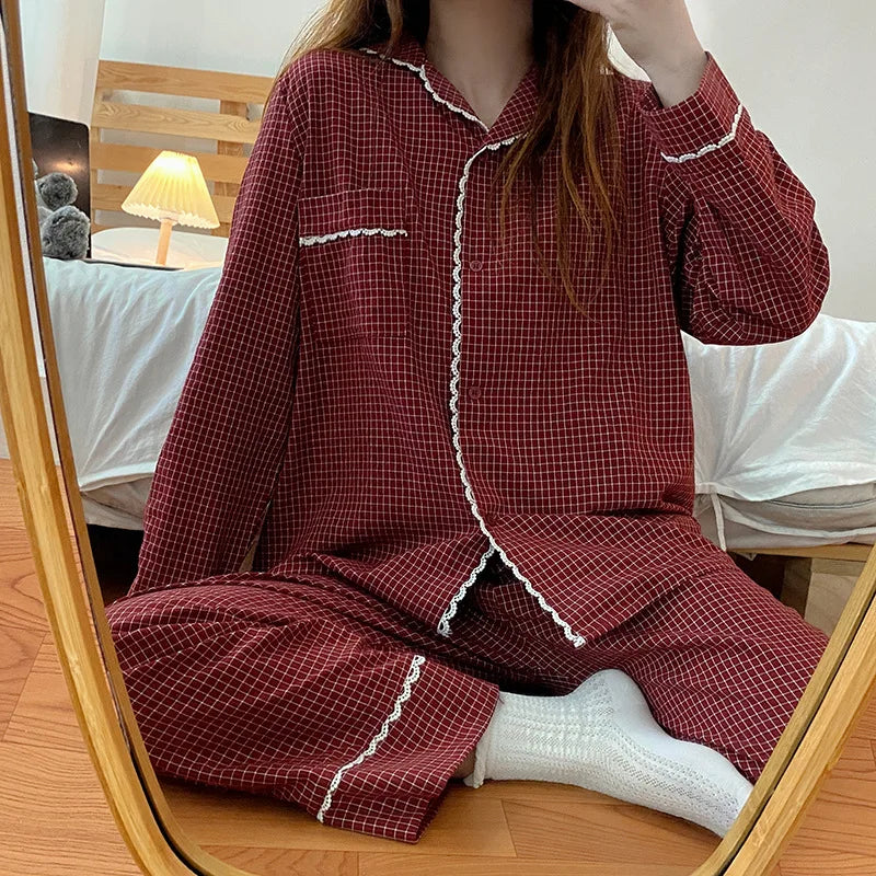 IMIEMIE Yasuk 2024Spring Autumn Fashion Women's Casual Lovely Plaid Sleepwear Nightgow Retro Pajamas Set With Pants Trouser NewYear Soft