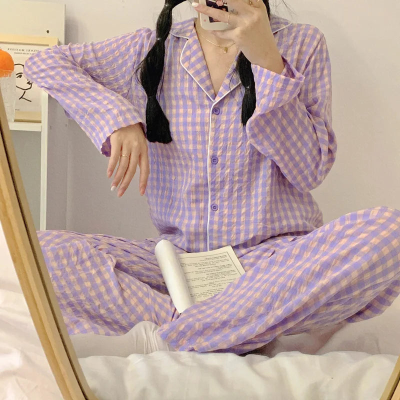 IMIEMIE Yasuk 2024Spring Autumn Fashion Women's Casual Lovely Plaid Sleepwear Nightgow Retro Pajamas Set With Pants Trouser NewYear Soft