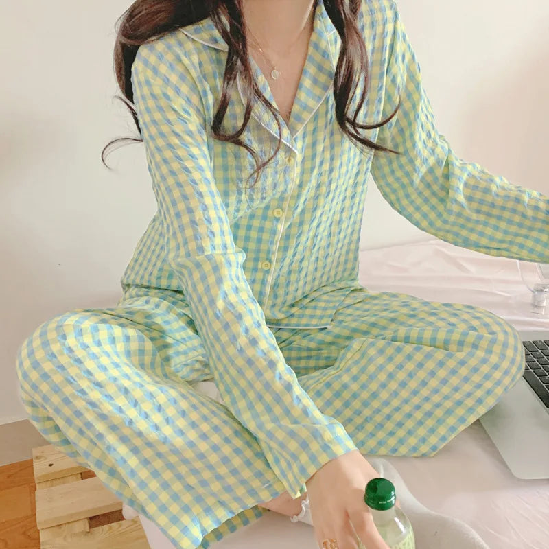 IMIEMIE Yasuk 2024Spring Autumn Fashion Women's Casual Lovely Plaid Sleepwear Nightgow Retro Pajamas Set With Pants Trouser NewYear Soft