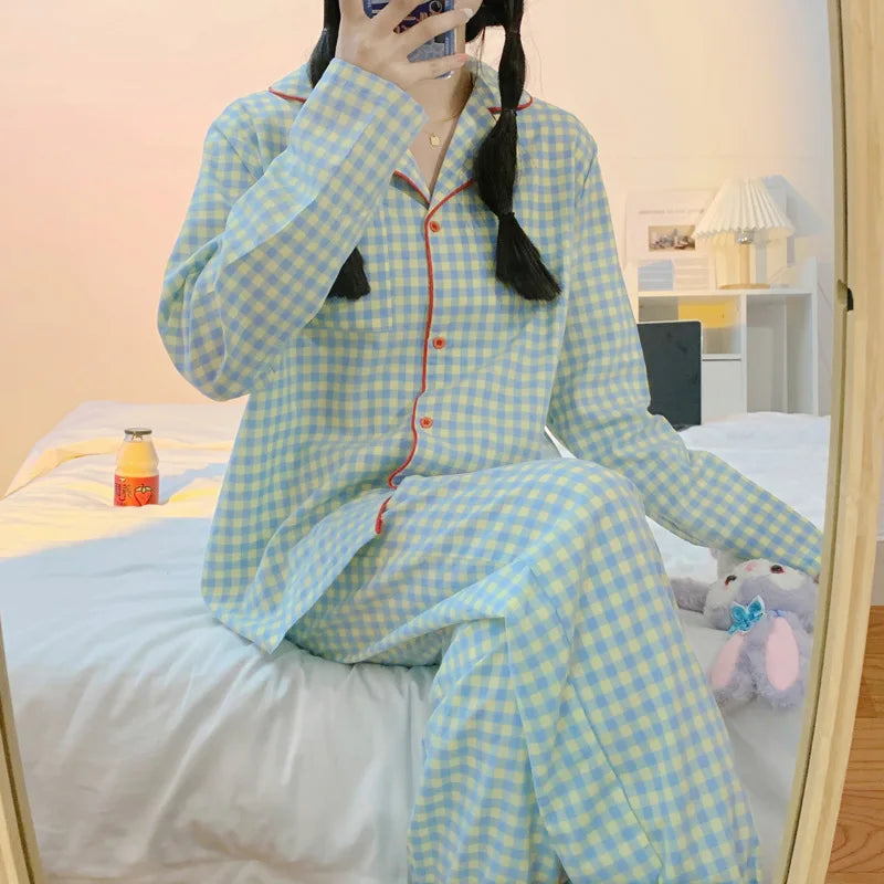 IMIEMIE Yasuk 2024Spring Autumn Fashion Women's Casual Lovely Plaid Sleepwear Nightgow Retro Pajamas Set With Pants Trouser NewYear Soft