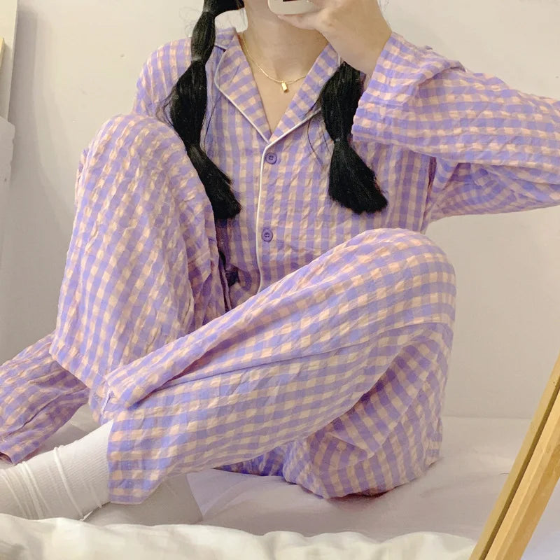 IMIEMIE Yasuk 2024Spring Autumn Fashion Women's Casual Lovely Plaid Sleepwear Nightgow Retro Pajamas Set With Pants Trouser NewYear Soft