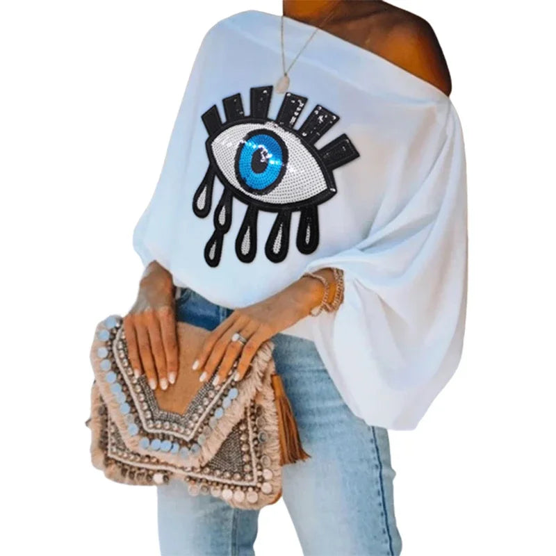 IMIEMIE Yeezzi Female Fashion Causal Blue Eye Applique Cool Shoulder T-Shirts 2024 New Loose Long Puff Sleeves White Tops For Women