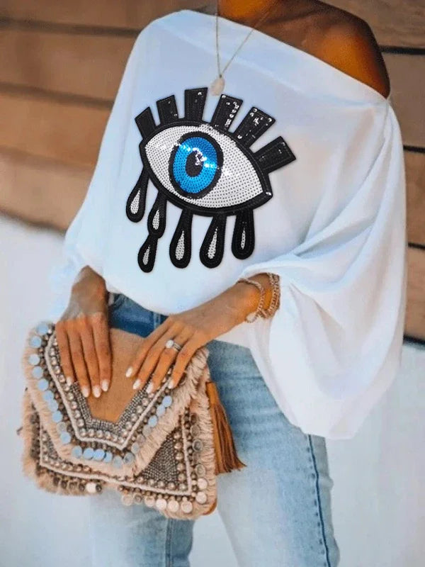 IMIEMIE Yeezzi Female Fashion Causal Blue Eye Applique Cool Shoulder T-Shirts 2024 New Loose Long Puff Sleeves White Tops For Women