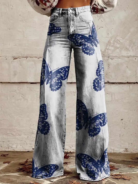 IMIEMIE Youth Butterfly Ladies Micro Flared Pants 3D Printed Jeans Fashion New Retro Flower Pattern Women's Flared Pants Wide Leg