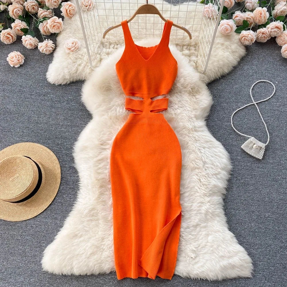 IMIEMIE YuooMuoo Women Dress Sexy Cut Out Waist Package Hips Split Bodycon Dress Summer Fashion Lady Knitted Party Vestidos Sundress