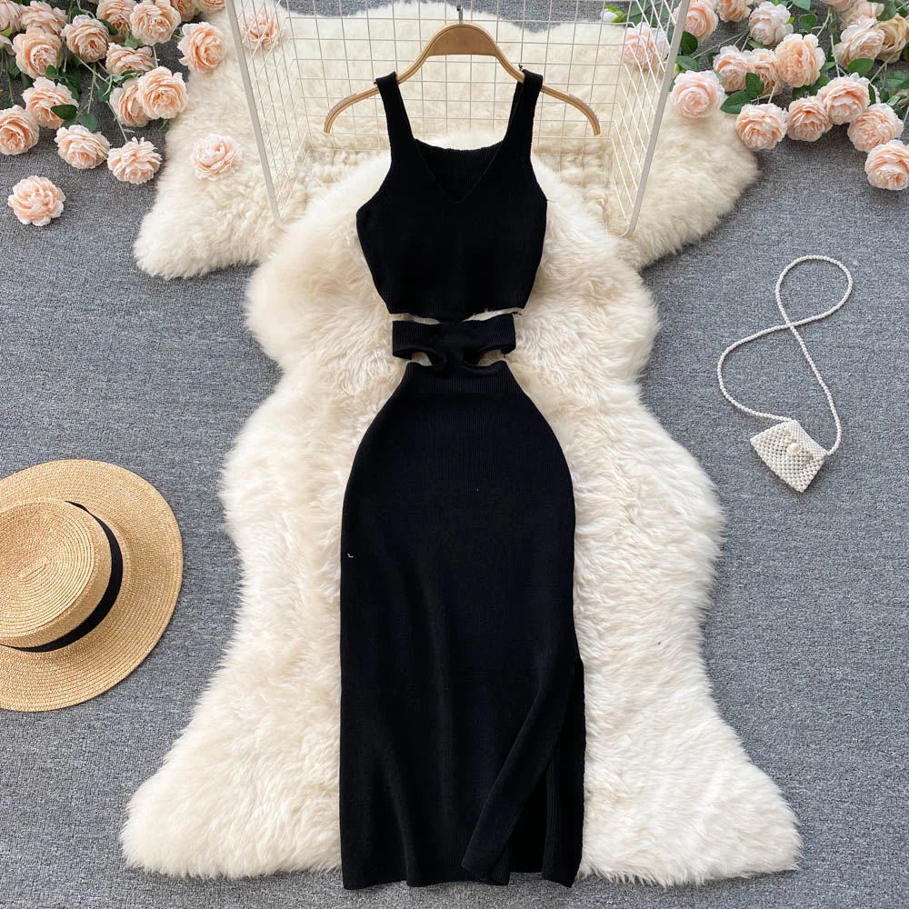 IMIEMIE YuooMuoo Women Dress Sexy Cut Out Waist Package Hips Split Bodycon Dress Summer Fashion Lady Knitted Party Vestidos Sundress