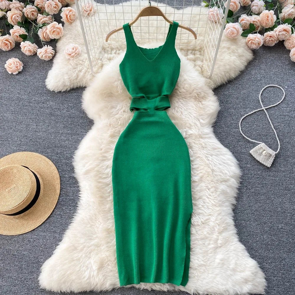 IMIEMIE YuooMuoo Women Dress Sexy Cut Out Waist Package Hips Split Bodycon Dress Summer Fashion Lady Knitted Party Vestidos Sundress