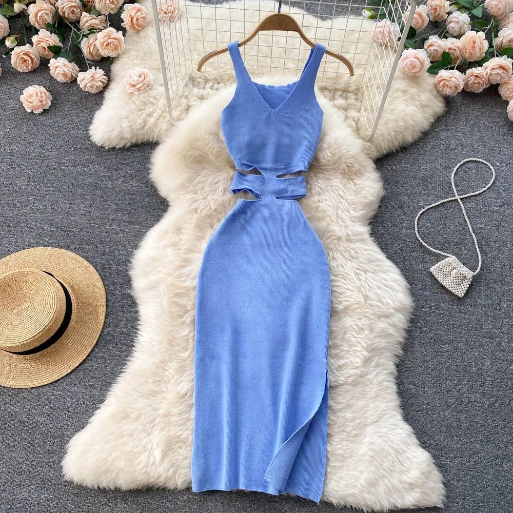 IMIEMIE YuooMuoo Women Dress Sexy Cut Out Waist Package Hips Split Bodycon Dress Summer Fashion Lady Knitted Party Vestidos Sundress