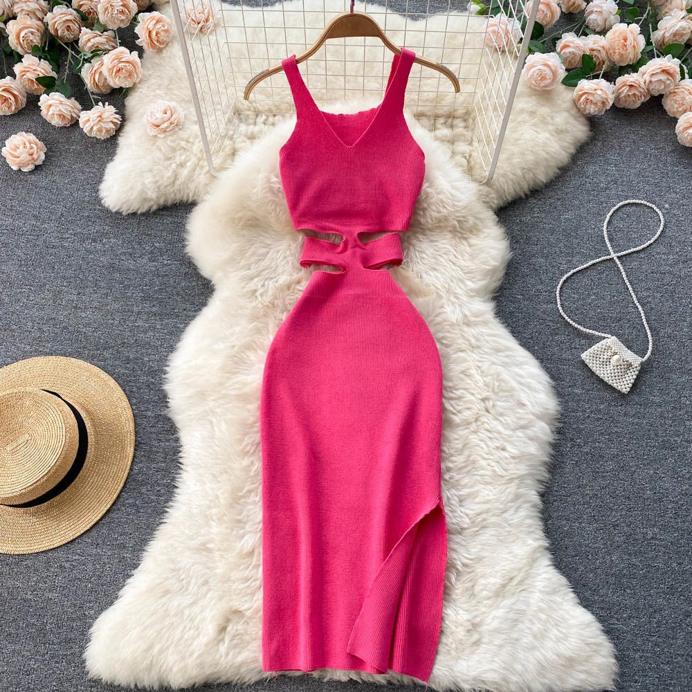 IMIEMIE YuooMuoo Women Dress Sexy Cut Out Waist Package Hips Split Bodycon Dress Summer Fashion Lady Knitted Party Vestidos Sundress