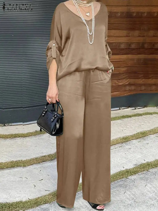 IMIEMIE ZANZEA 2024 Autumn Tracksuits Fashion OL Work Suit Spring Women Matching Sets Long Sleeve Blouse Casual Loose Wide Leg Pant Sets