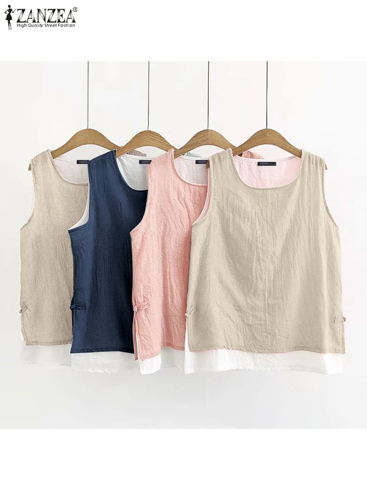 IMIEMIE ZANZEA Women Summer Double Layer Tanks Fashion Sleeveless O-neck Tops Holiday Beach Tunics Casual Loose Side Slits Solid Blouse