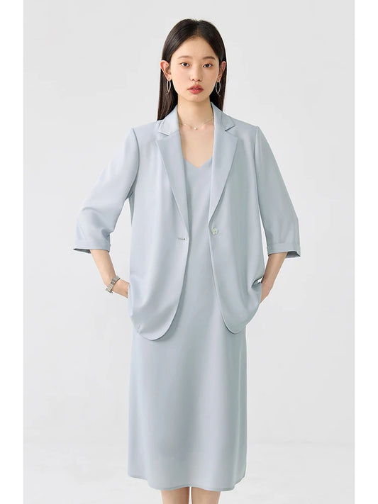 IMIEMIE ZIQIAO Blazer Skirt Long Dress Women Summer Suit 2024 New Suspender Dress Three-pieces Set Casual Office Lady Commuting Suit