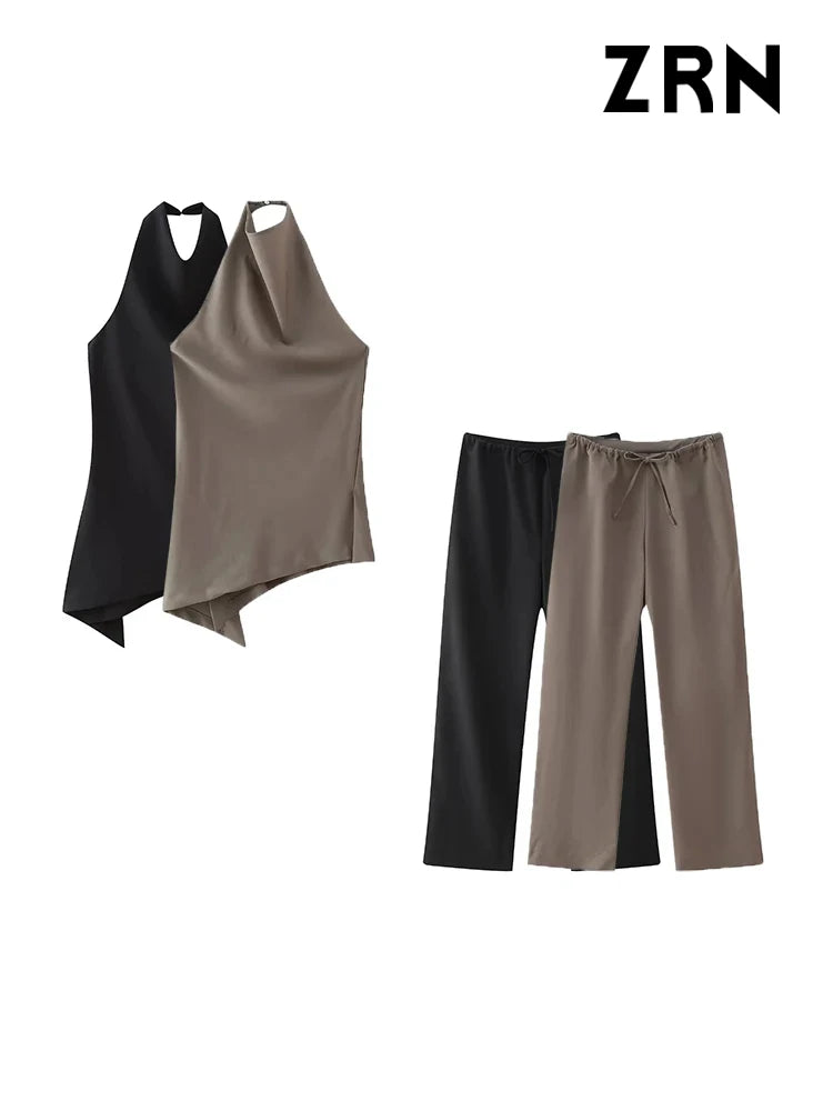 IMIEMIE ZRN-Pleated Asymmetric Halter Tank Tops and Straight Pants for Women, Female Two Piece Sets, Fashion