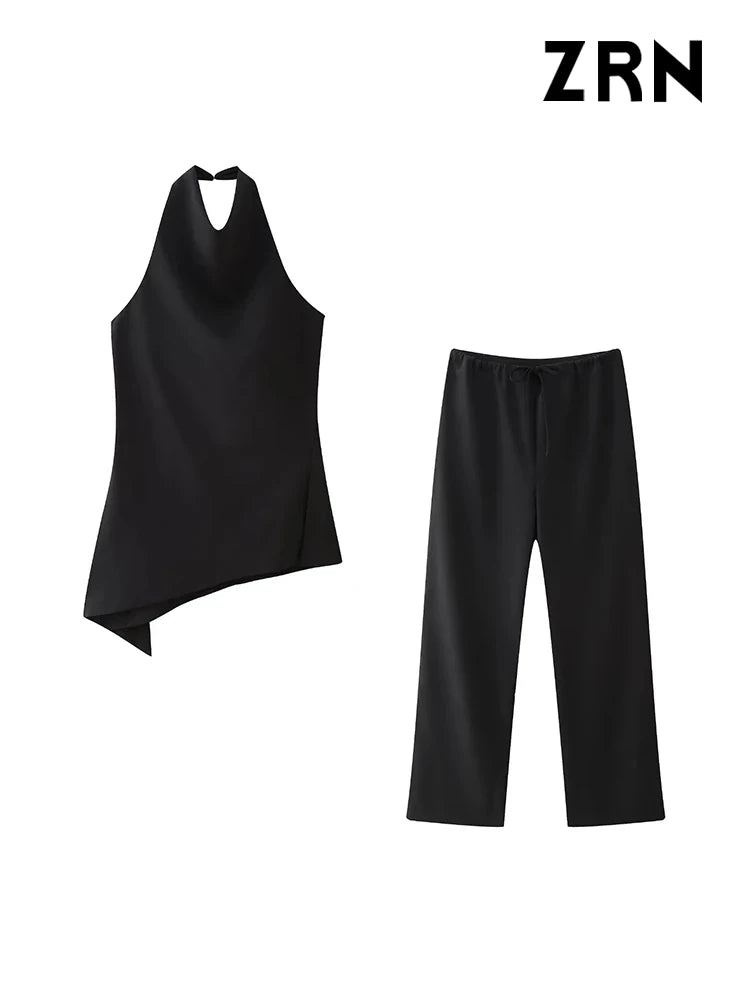 IMIEMIE ZRN-Pleated Asymmetric Halter Tank Tops and Straight Pants for Women, Female Two Piece Sets, Fashion