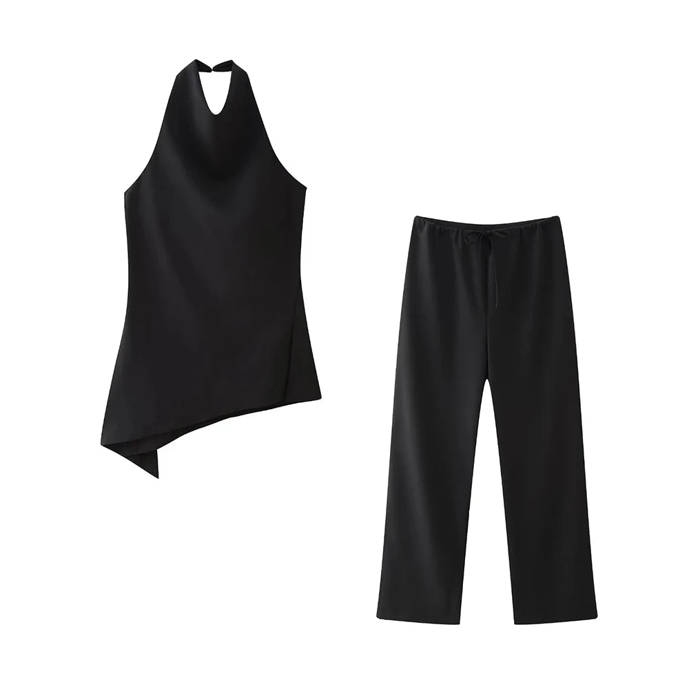 IMIEMIE ZRN-Pleated Asymmetric Halter Tank Tops and Straight Pants for Women, Female Two Piece Sets, Fashion