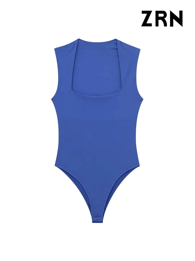 IMIEMIE ZRN-Skinny Bodysuits for Women, Sexy Fashion, Square Neck, Sleeveless, Snap-Button, Female Playsuits, Mujer