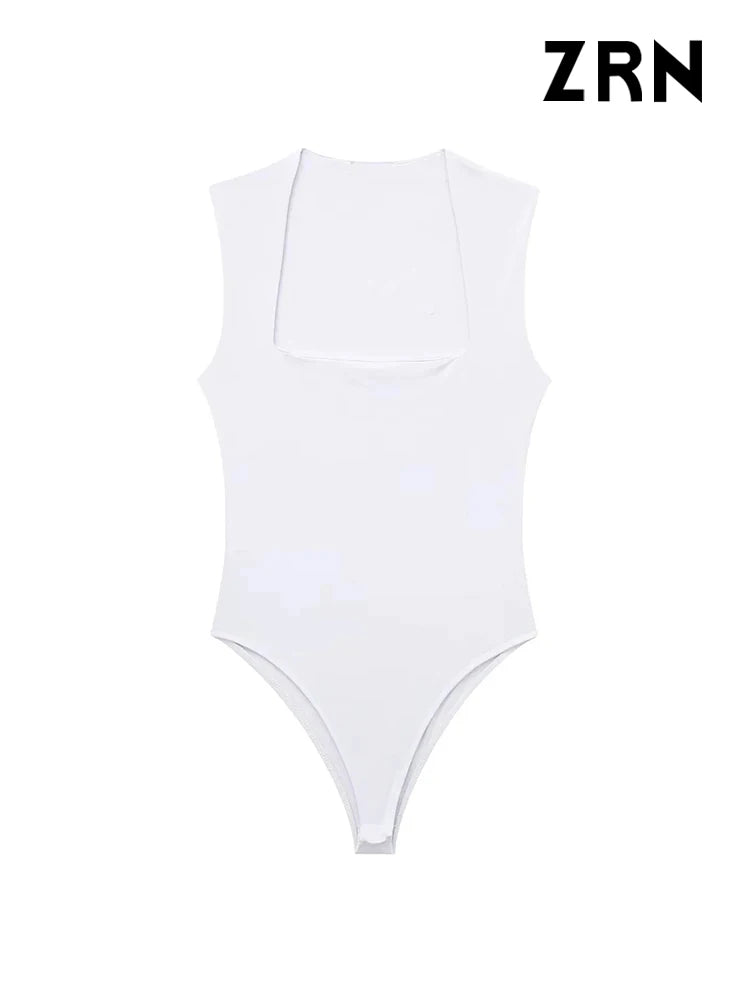 IMIEMIE ZRN-Skinny Bodysuits for Women, Sexy Fashion, Square Neck, Sleeveless, Snap-Button, Female Playsuits, Mujer