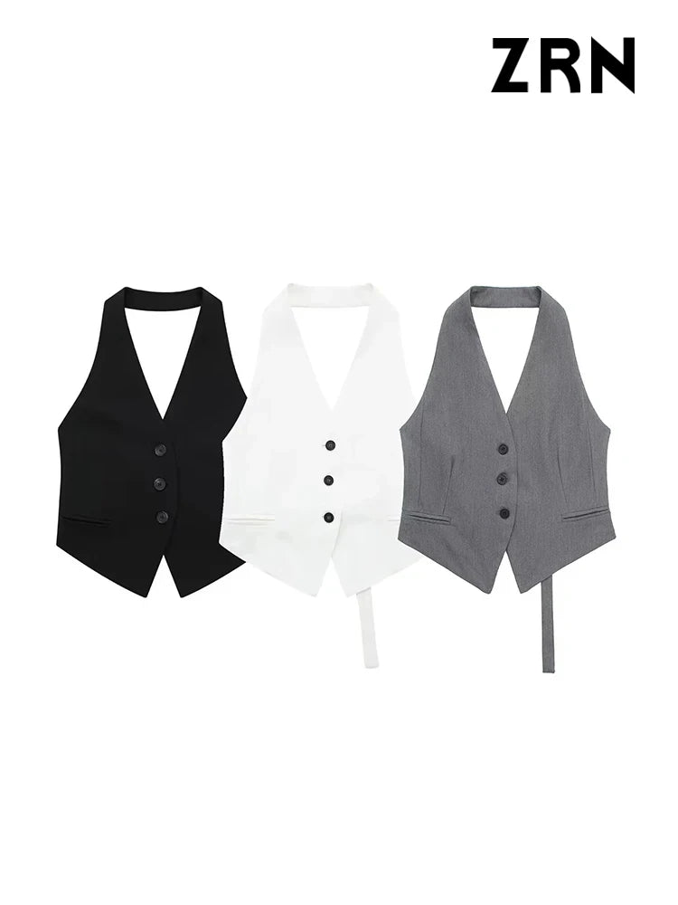 IMIEMIE ZRN Women Fashion Backless Halter Neck Waistcoat Sexy Sleeveless Button-up Female Outerwear Chic Vest Tops